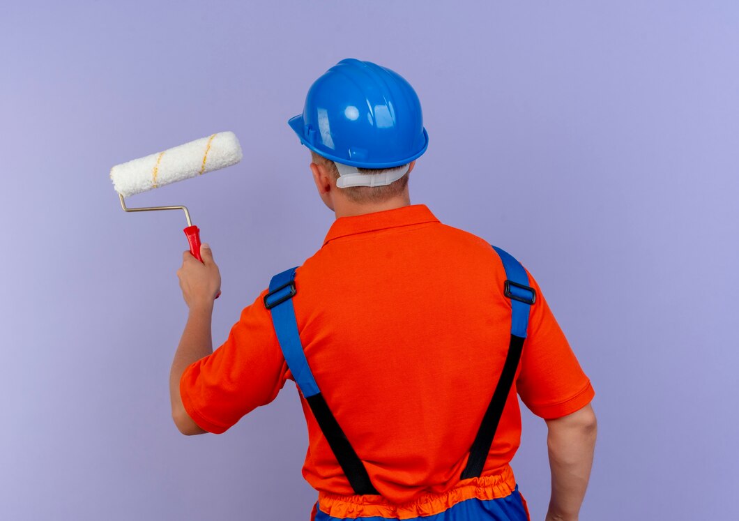PINTURAS ARROYO - Inicio - pie detras vista joven constructor sexo masculino uniforme casco seguridad sosteniendo rodillo pintura purpura